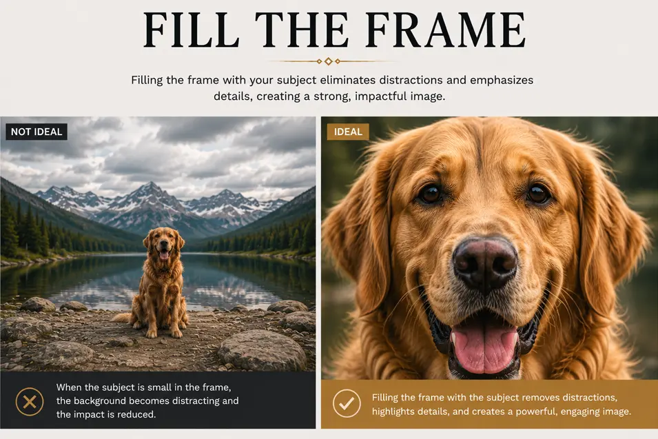 Fill the Frame comparison showing how a close-up composition eliminates distractions, emphasizes detail, and creates a stronger visual impact.