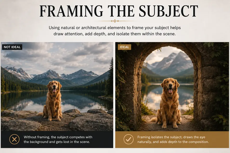 Framing the Subject: Side-by-side comparison showing how natural frames isolate the subject, draw attention, and add depth for a stronger composition.