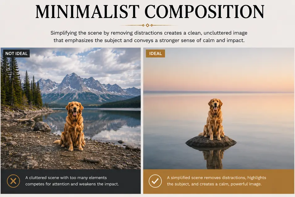 Minimalist Composition comparison showing how removing distractions and simplifying the scene creates a calm, clean image that emphasizes the subject.