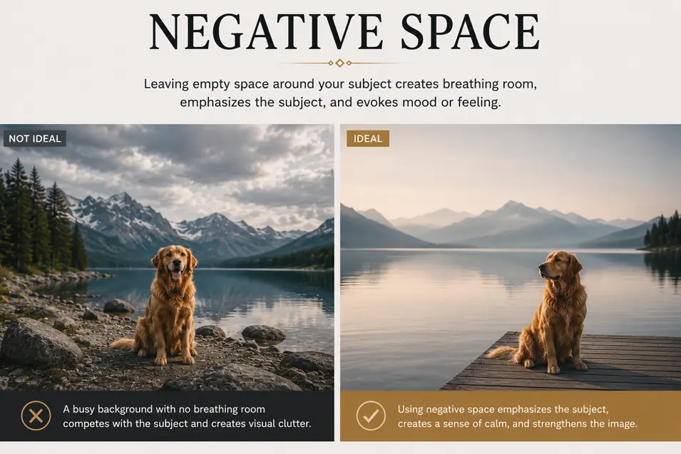 Negative Space: Side-by-side comparison showing how empty space around the subject creates a cleaner, more balanced, and visually impactful composition.