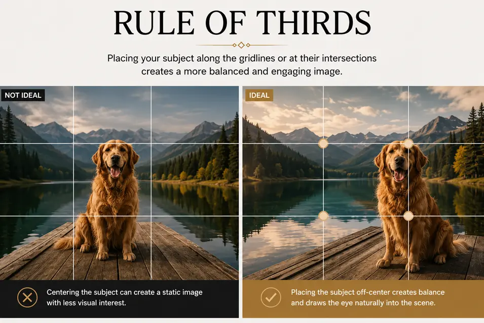 A side-by-side photography guide demonstrating the Rule of Thirds, showing how off-center subject placement creates a more balanced and visually engaging composition.