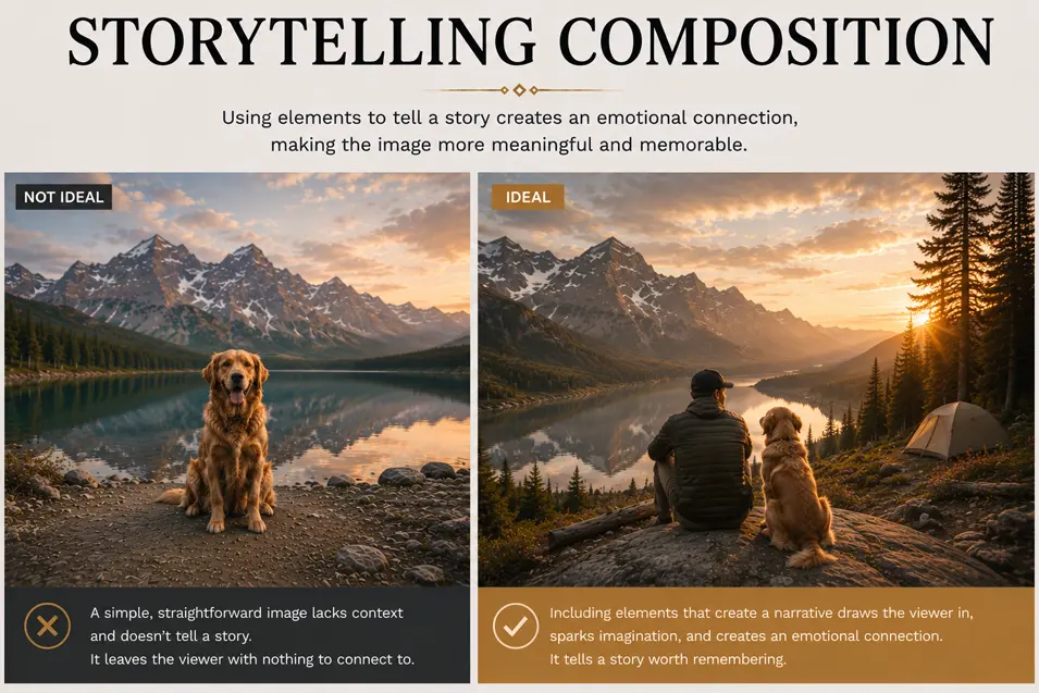 Storytelling Composition comparison showing how adding people, props, or context creates emotion, tells a story, and makes an image more memorable.