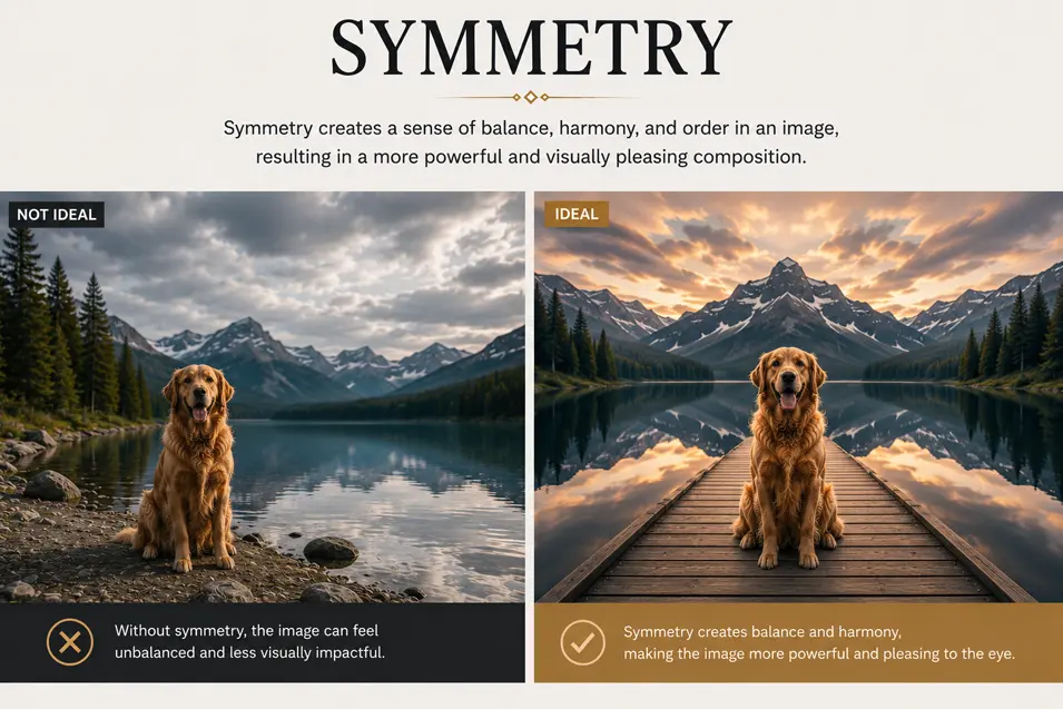 Symmetry comparison showing how a centered subject and mirrored background create a balanced, harmonious, and visually striking composition.