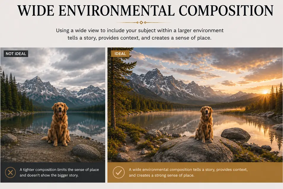 Wide environmental composition showing how including more of the landscape adds context, tells a story, and creates a stronger sense of place.