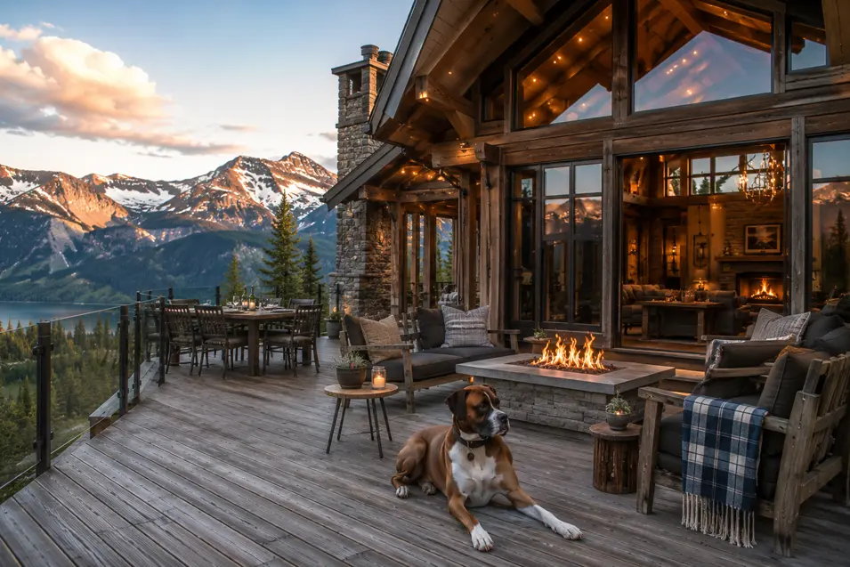 Luxury alpine chalet with an oversized deck, mountain views, outdoor fireplace and a Boxer relaxing in the crisp summer mountain air.