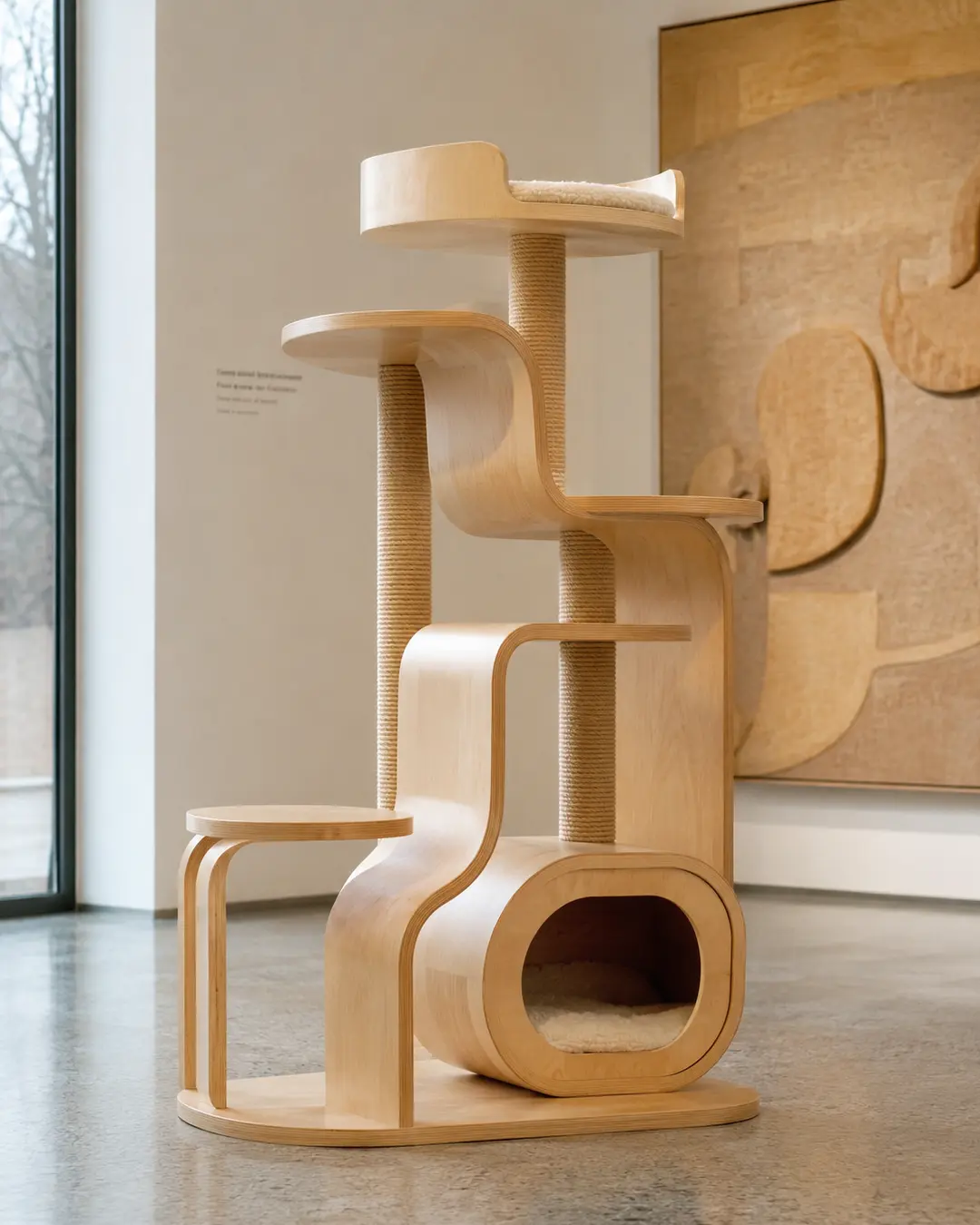 Alvar Aalto-inspired luxury cat tree crafted from bent plywood with flowing Nordic curves, minimalist elegance, and timeless Scandinavian design.