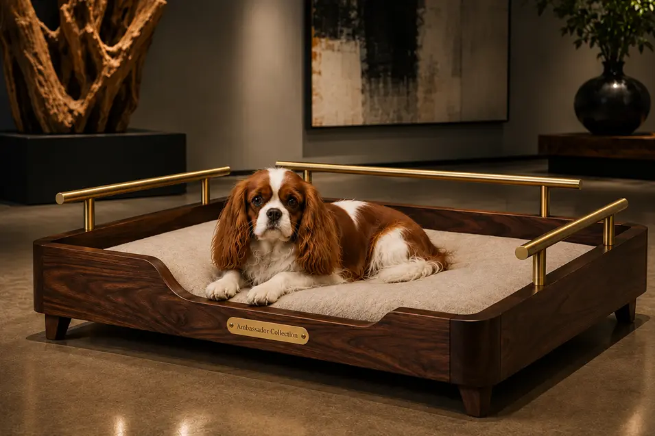 Luxury walnut dog bed with elegant brass rails and a plush cream cushion, combining modern sophistication with timeless craftsmanship.