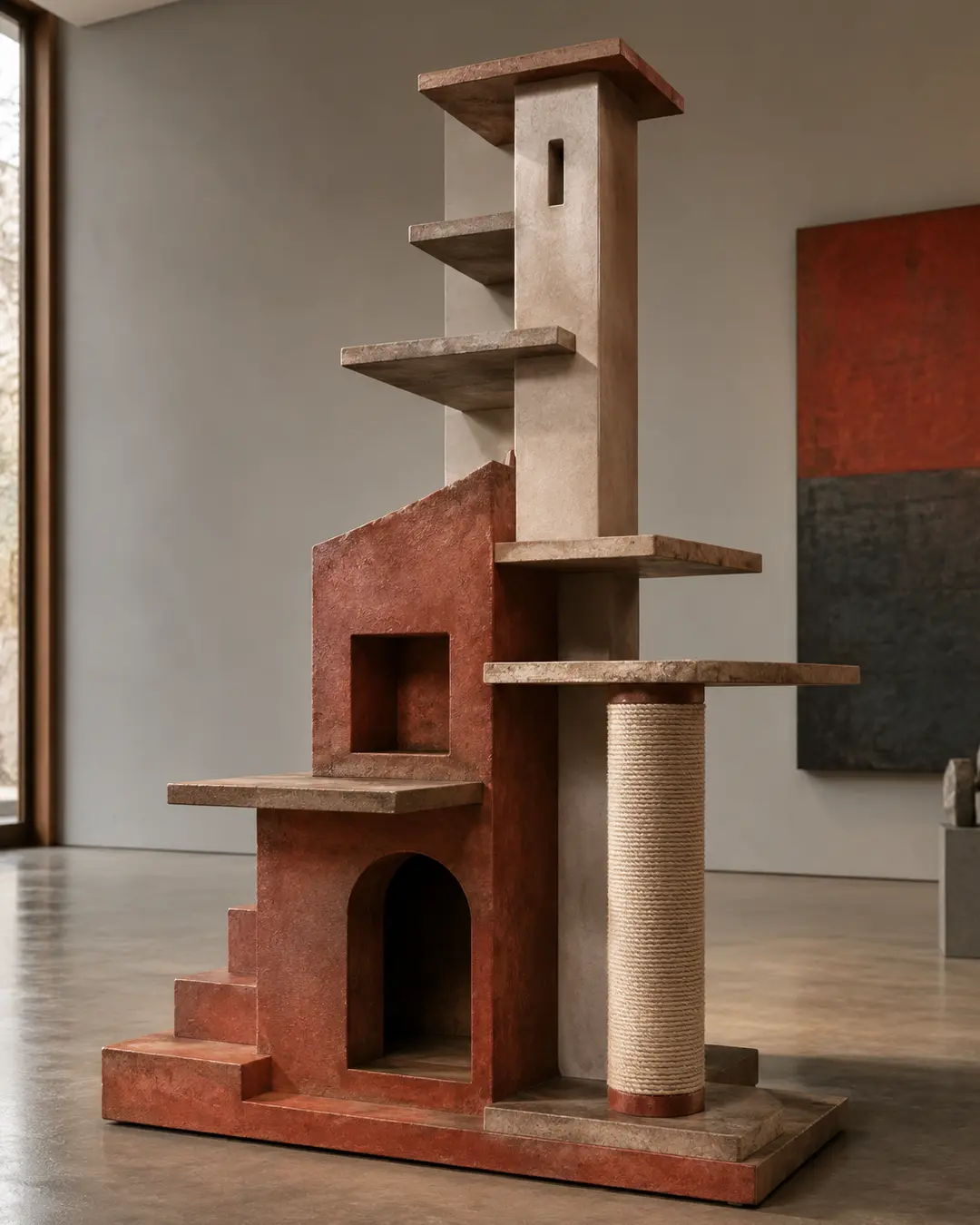 Antoine Predock-inspired luxury cat tree with bold geometric forms, earthy textures, dramatic cantilevers, and sculptural architecture rooted in the desert landscape.