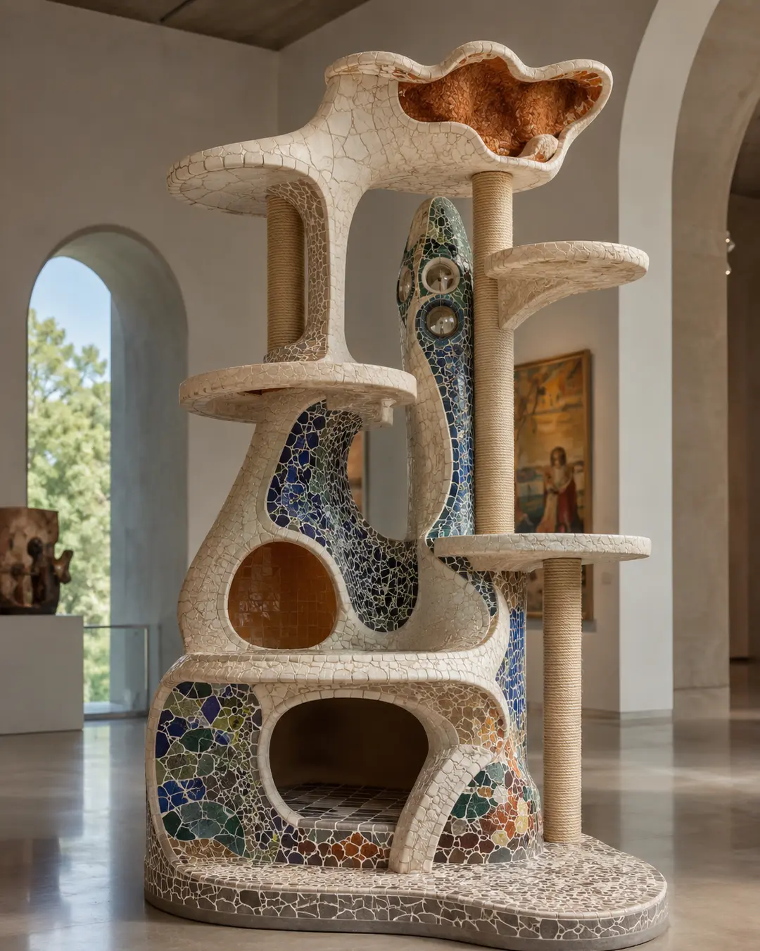 Antoni Gaudí-inspired luxury cat tree with flowing organic forms, vibrant mosaic details, sculptural hideaways, and whimsical Catalan Modernisme design.
