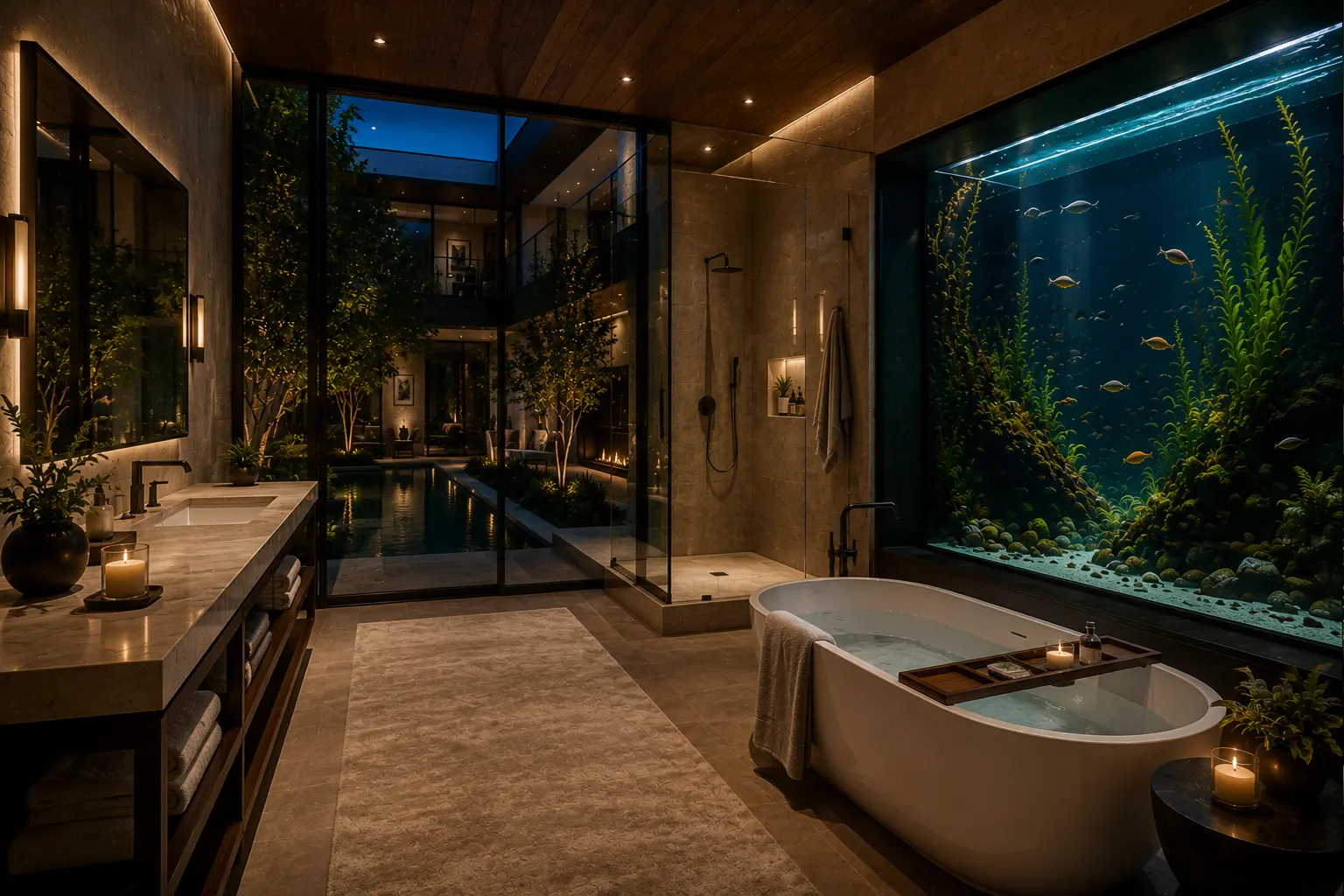 Luxury spa bathroom with a wall-sized freshwater aquarium, freestanding soaking tub, walk-in shower, and tranquil courtyard views in a private wellness retreat.