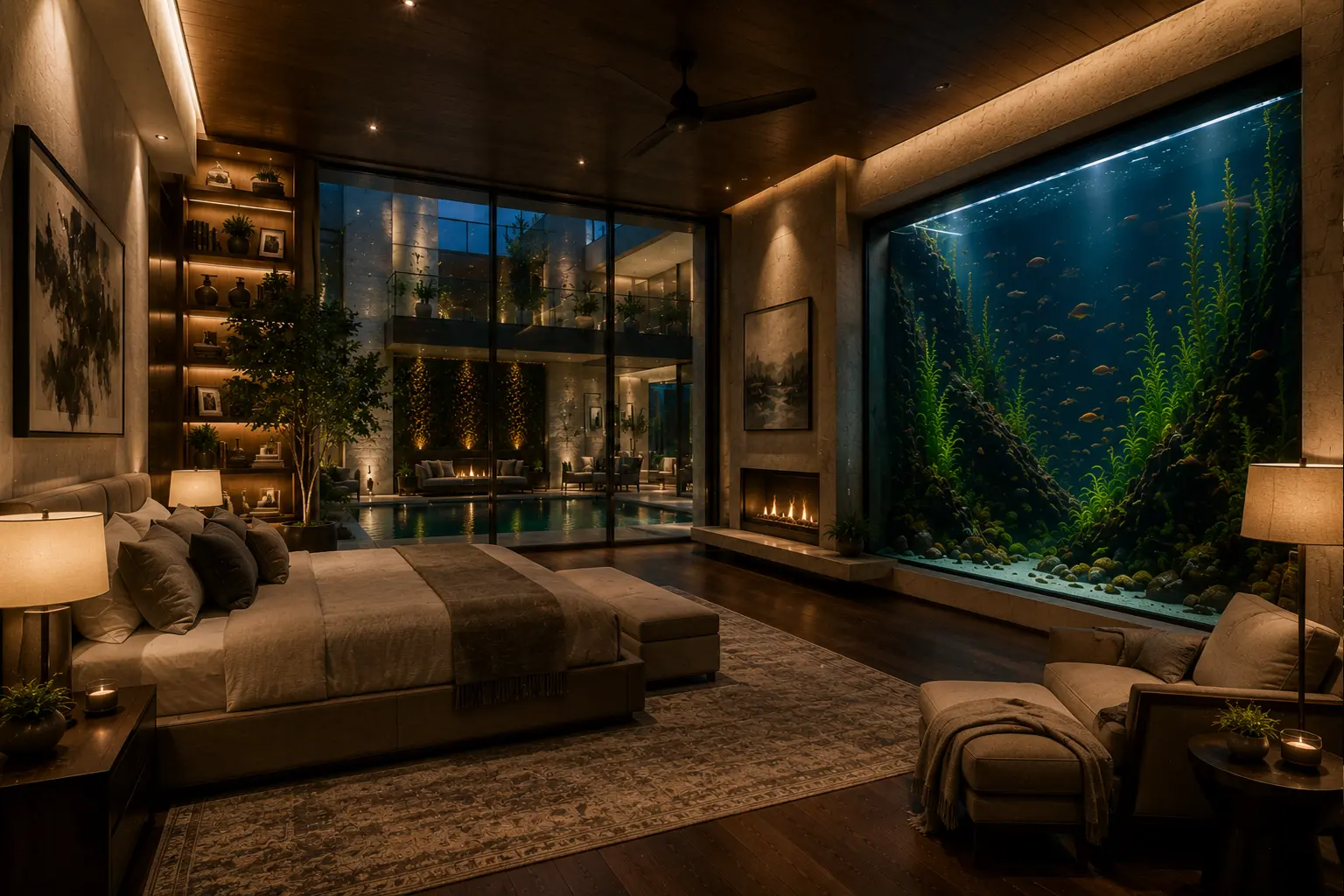 Luxury primary bedroom with a dramatic wall-sized freshwater aquarium, fireplace, and floor-to-ceiling courtyard views creating a serene private retreat.