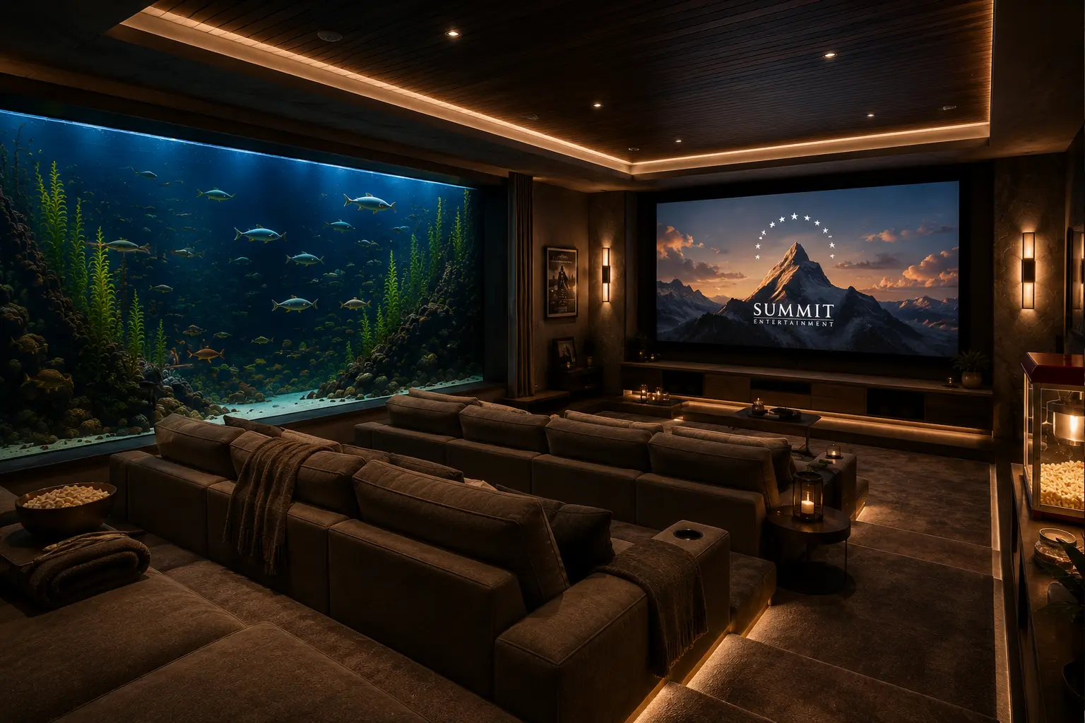 Luxury home theater with a wall-sized freshwater aquarium, tiered cinema seating, and immersive entertainment in a sophisticated contemporary setting.