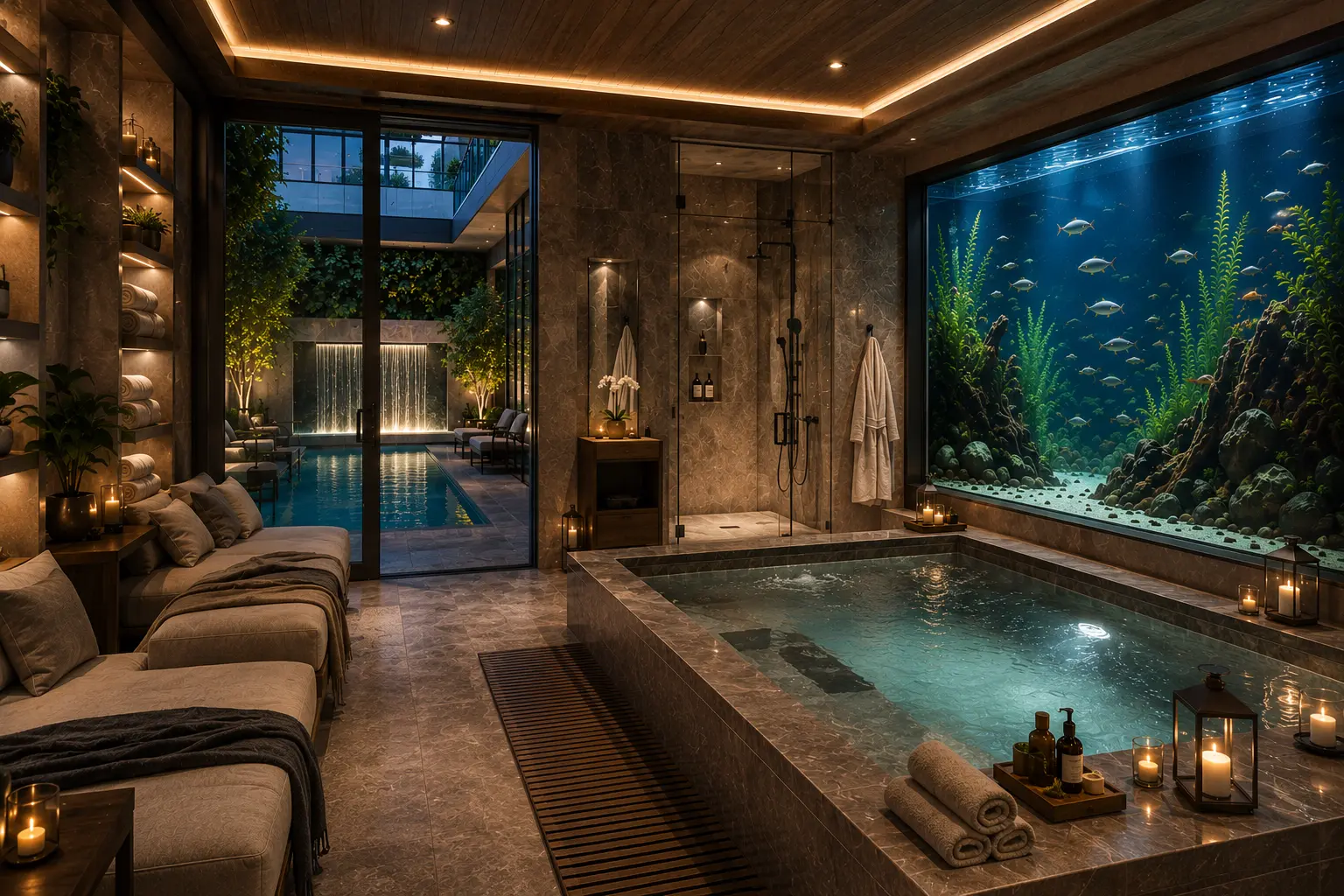 Luxury wellness spa with a heated plunge pool, wall-sized freshwater aquarium, walk-in shower, and tranquil courtyard views for the ultimate relaxation retreat.
