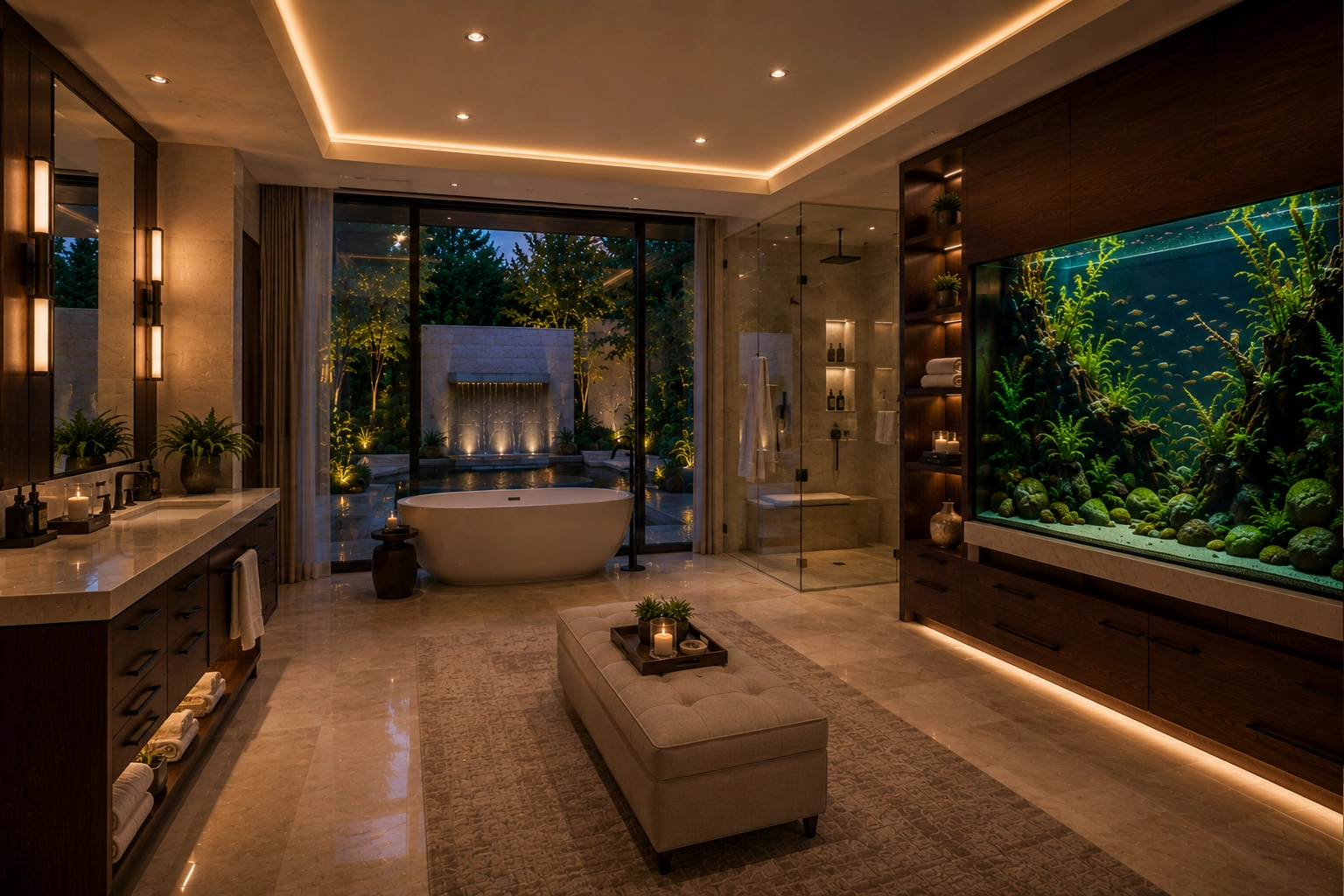 Luxury spa bathroom with a built-in freshwater aquarium, freestanding soaking tub, walk-in shower, and serene courtyard waterfall views.