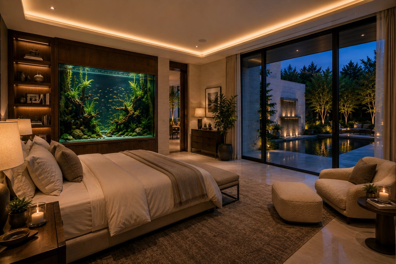 Luxury primary bedroom with a built-in freshwater aquarium, spa-inspired seating area, and tranquil courtyard views blending contemporary design with nature.