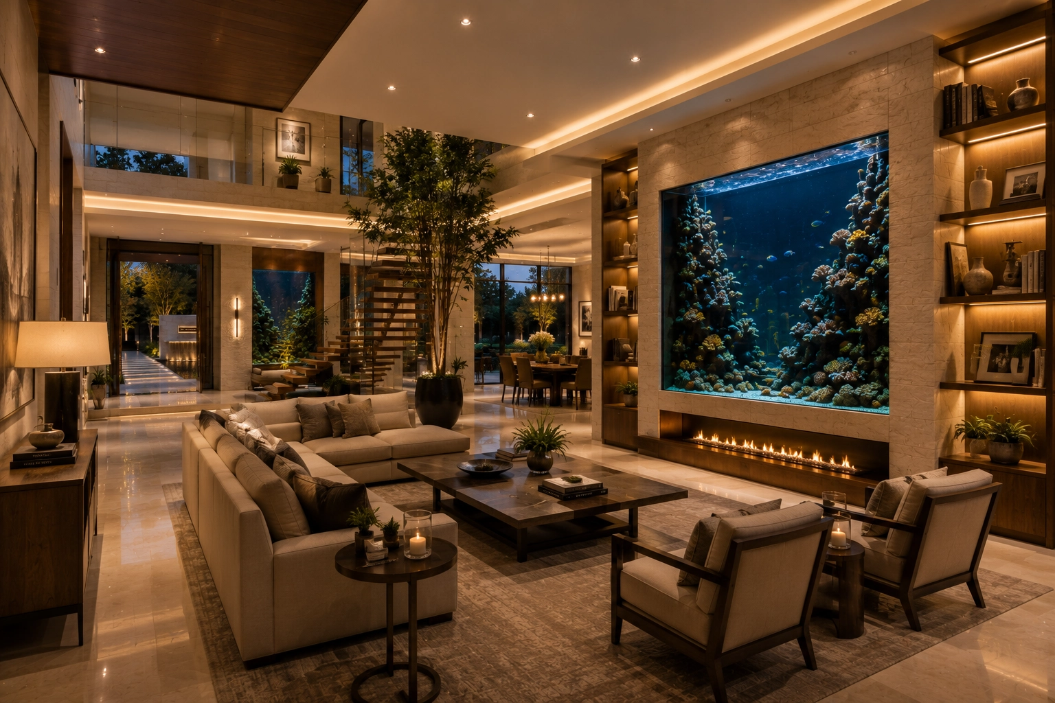 Luxury great room with a wall-sized reef aquarium, floating staircase, fireplace, and soaring open-concept design blending architecture with marine life.