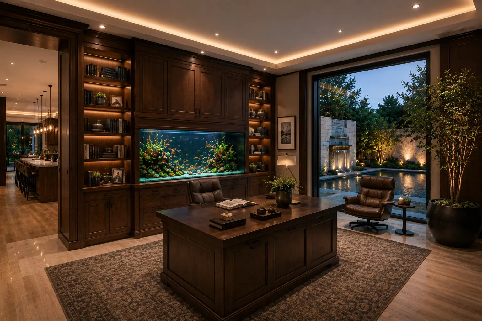 Luxury home office with a built-in reef aquarium, custom walnut library, garden views, and a sophisticated workspace blending nature with contemporary design.