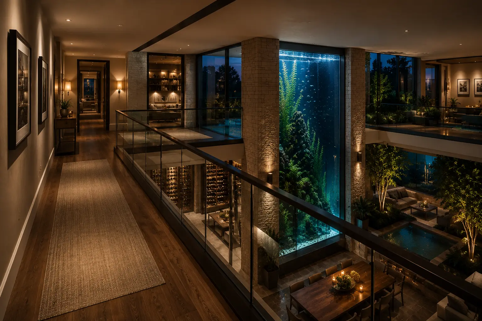 Luxury upper gallery overlooking a dramatic two-story freshwater aquarium, open courtyard, and elegant living spaces in a breathtaking contemporary home.