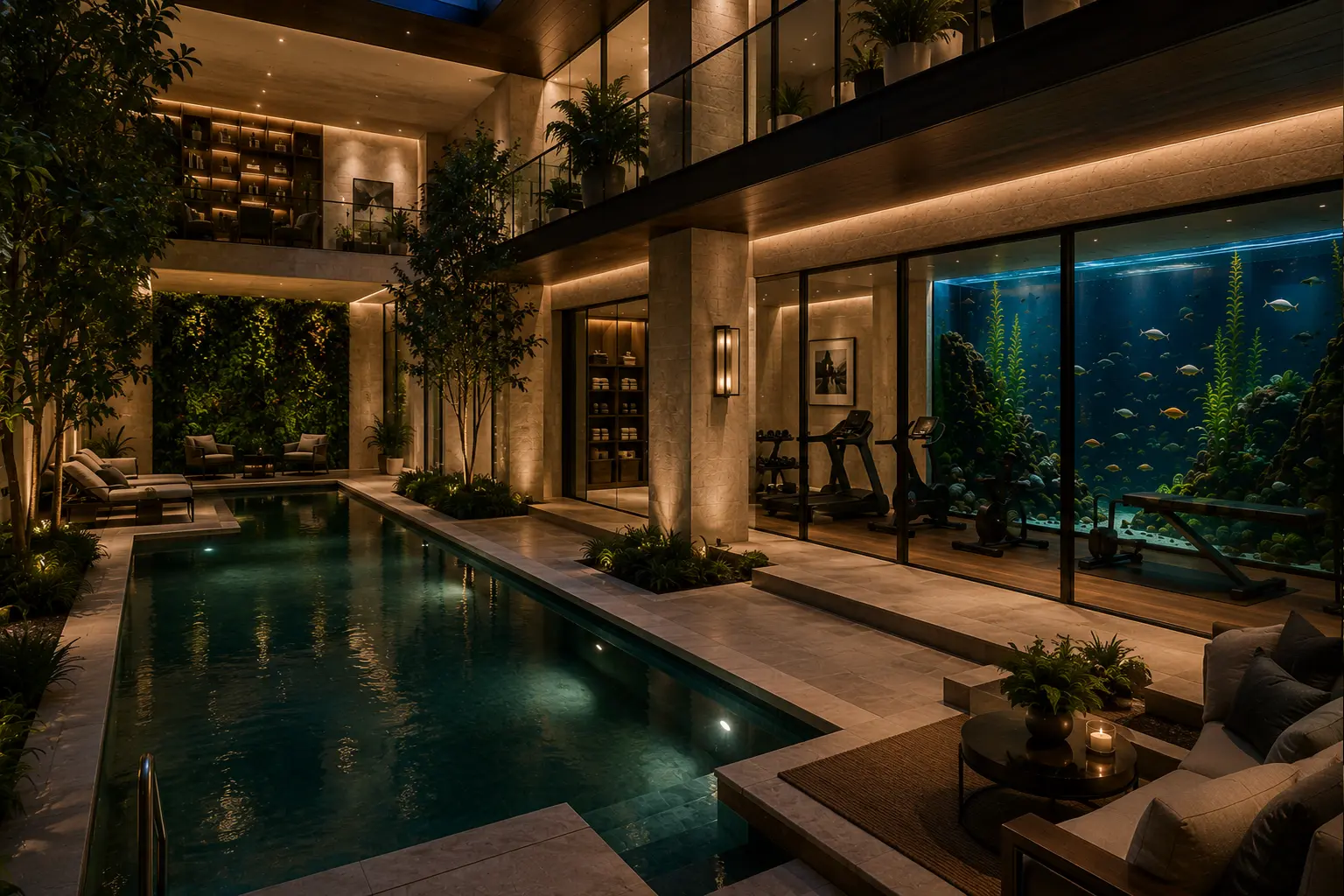 Luxury indoor pool and fitness center with a wall-sized freshwater aquarium, serene courtyard, and resort-style wellness spaces in a contemporary home.