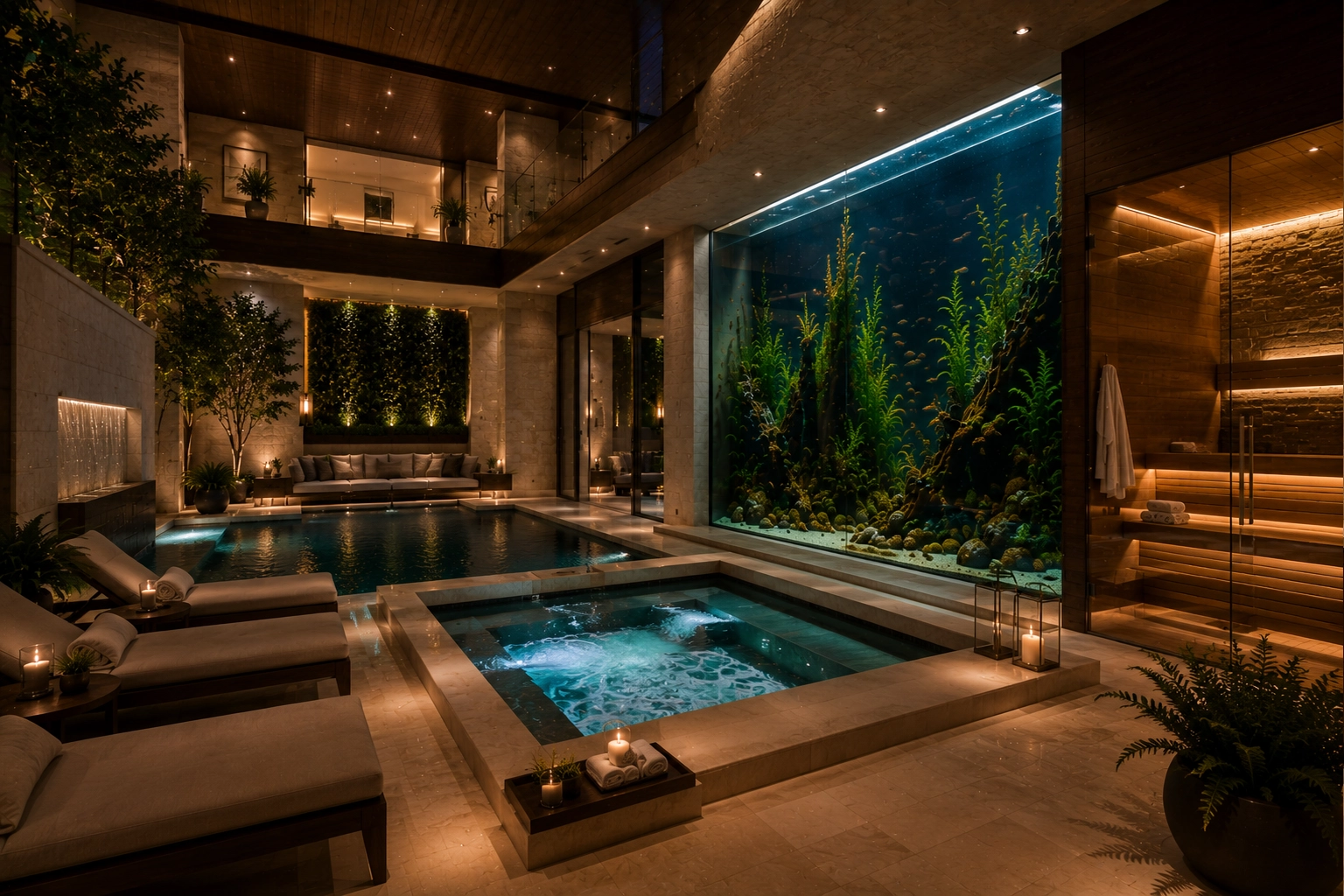 Luxury indoor spa with a heated plunge pool, sauna, and floor-to-ceiling freshwater aquarium creating a serene private wellness retreat.