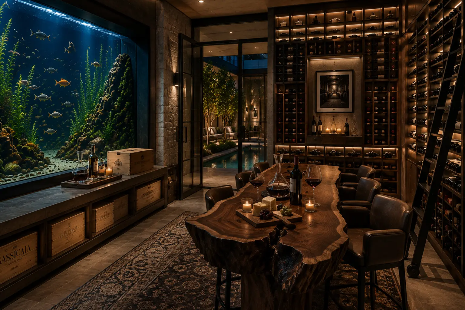 Luxury wine cellar with a tasting table, floor-to-ceiling freshwater aquarium, and custom wine storage overlooking a tranquil illuminated courtyard.