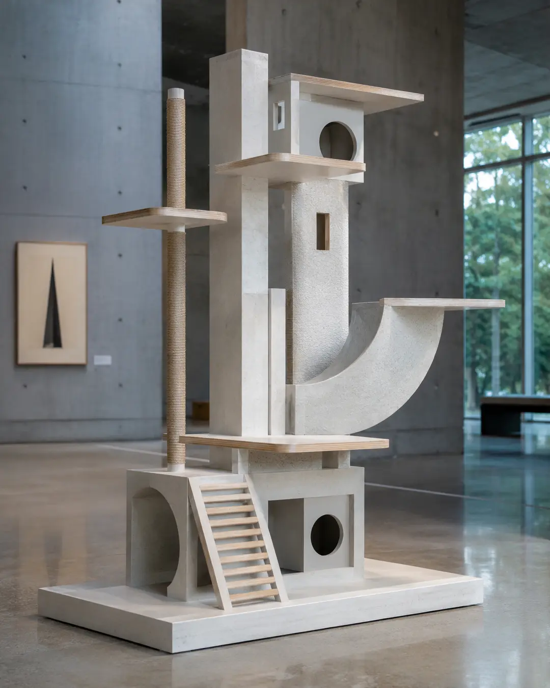 Arata Isozaki-inspired luxury cat tree with bold geometric forms, minimalist volumes, sculptural curves, and refined Japanese postmodern architectural design.