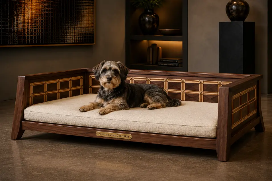 Luxury walnut dog bed with handcrafted geometric inlay, a plush cream cushion and Arts & Crafts-inspired elegance in a gallery-style setting.