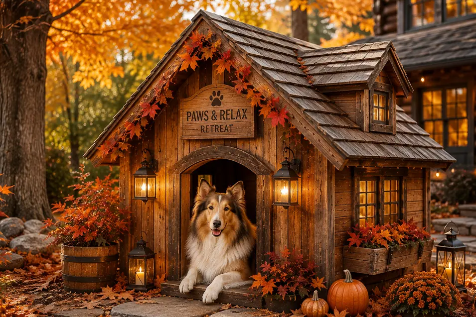 Cozy autumn cabin dog house with warm lanterns, colorful fall leaves and pumpkins, featuring a beautiful collie in a peaceful backyard.