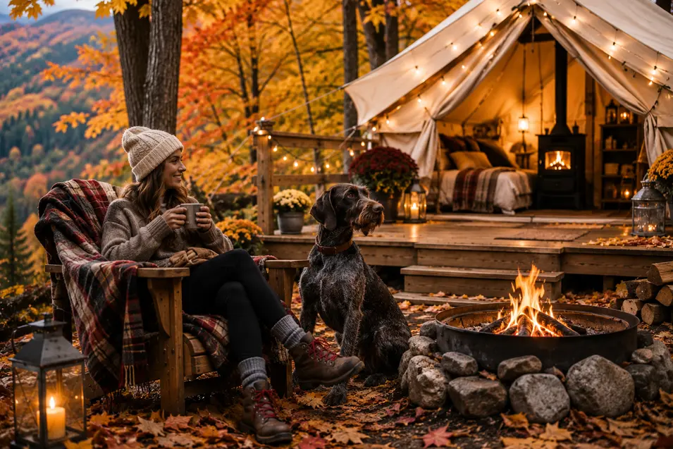 Woman and German Wirehaired Pointer enjoying cozy autumn glamping beside a campfire, surrounded by colorful fall leaves and a luxury canvas tent.