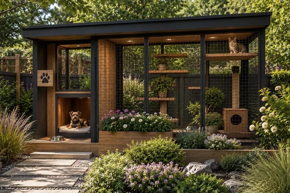 Backyard garden retreat with a cozy dog house, spacious enclosed catio, raised planters, flowering shrubs and climbing spaces for curious cats.
