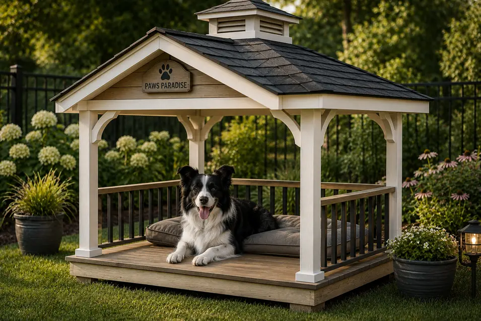 Open-air gazebo-style dog house with a shaded roof, raised deck and breezy design, featuring an alert Border Collie in a beautifully landscaped backyard.