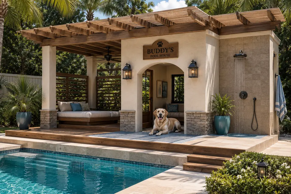 Luxury backyard pool house dog retreat with a shaded pergola, cooling tile floor, outdoor shower, and a happy Labrador by the pool.