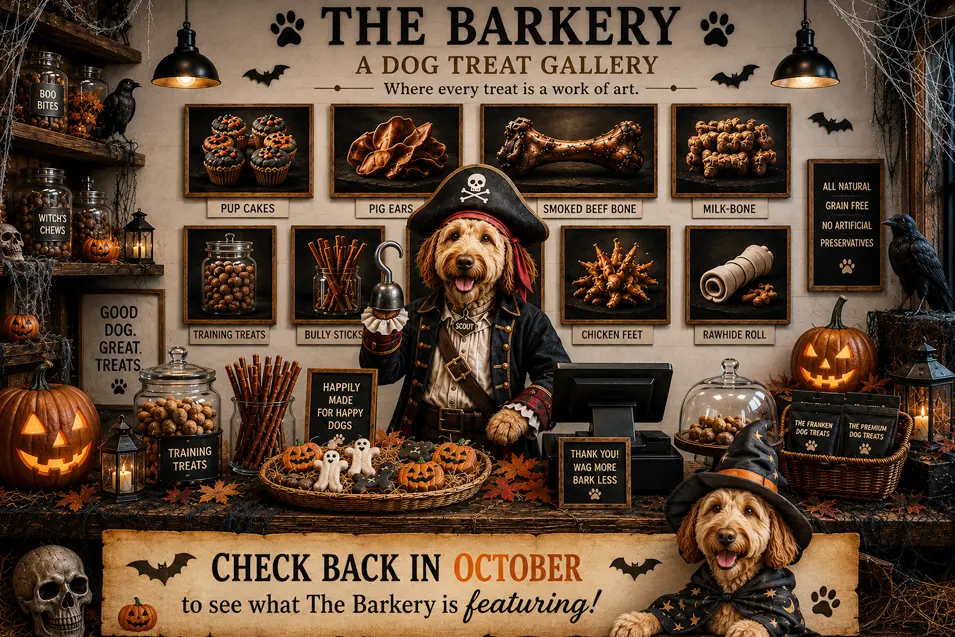 Halloween-themed Barkery gallery featuring pirate Scout, spooky dog treats, pumpkins, and a fun reminder to visit again in October for seasonal goodies.
