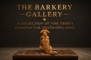 Golden Retriever welcomes visitors to The Barkery Gallery, a playful luxury exhibit celebrating gourmet dog treats as fine art for discerning canine connoisseurs.