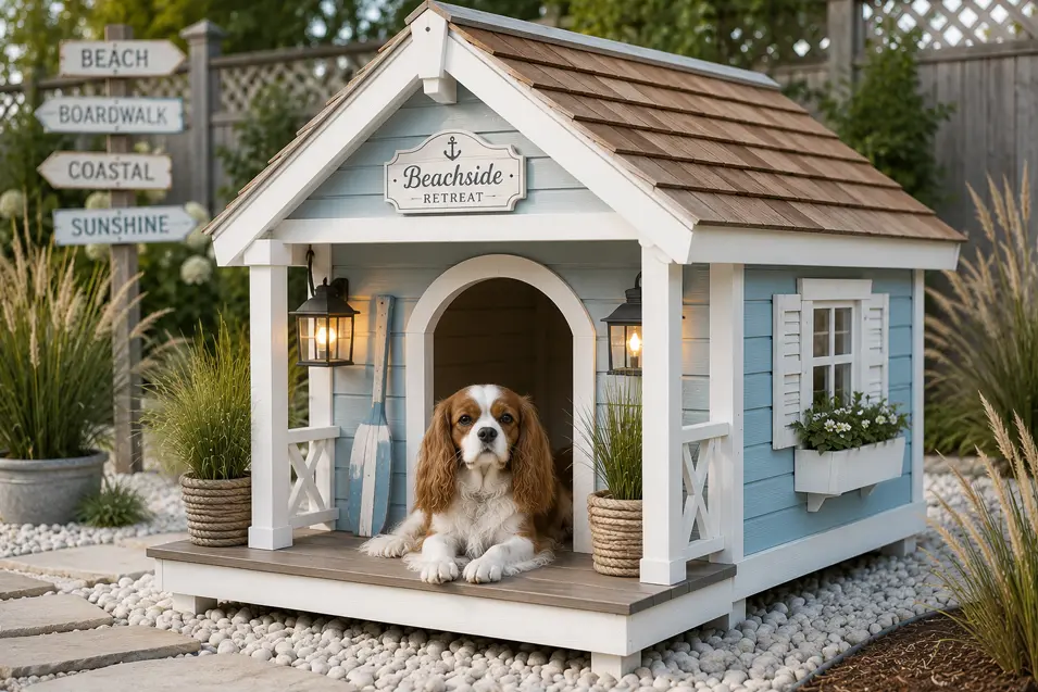 Coastal cottage dog house with blue siding, cedar shakes, white trim and lanterns, featuring a Cavalier King Charles Spaniel in a beach-inspired garden.
