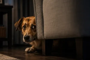 Anxious dog hides behind a sofa, peeking out with worried eyes in a dimly lit living room, seeking comfort from loud fireworks outside.