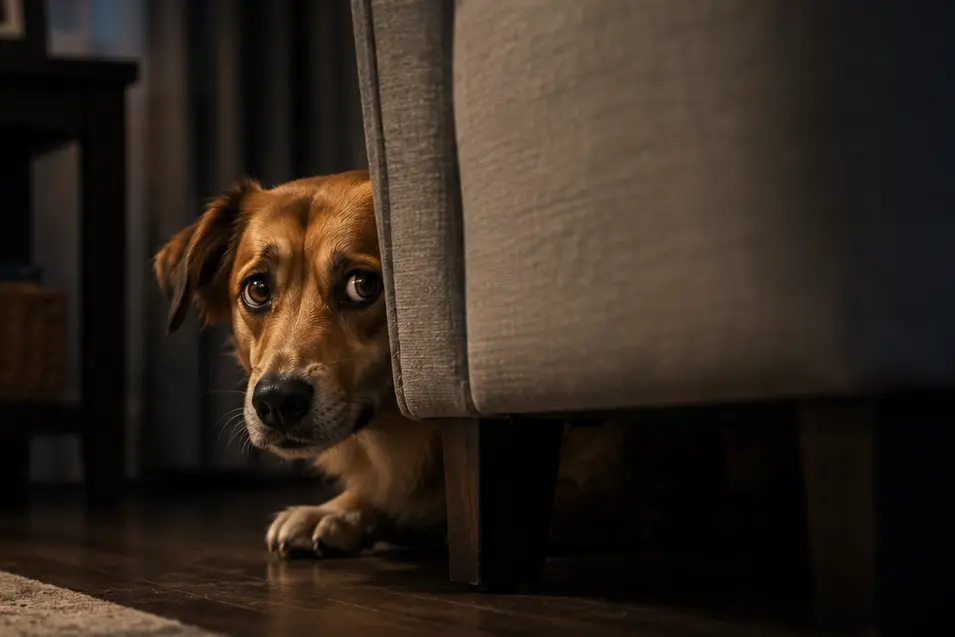 Anxious dog hides behind a sofa, peeking out with worried eyes in a dimly lit living room, seeking comfort from loud fireworks outside.