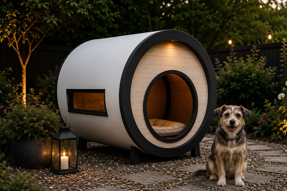 Modern barrel-style dog house with a sleek black-and-white design, cozy lit interior, and a happy mixed-breed dog relaxing in a beautifully landscaped backyard.