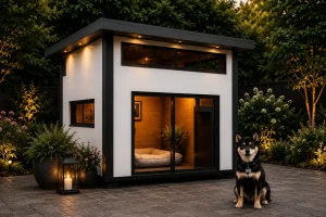 Modern black-and-white designer dog house with floor-to-ceiling windows, warm wood interior, and a Shiba Inu in a beautifully landscaped backyard.