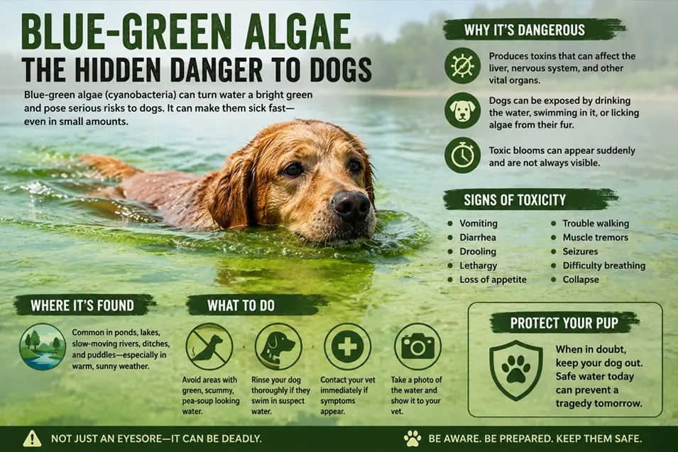 Infographic showing the dangers of blue-green algae to dogs, including poisoning symptoms, where it's found, and how to keep pets safe near water.