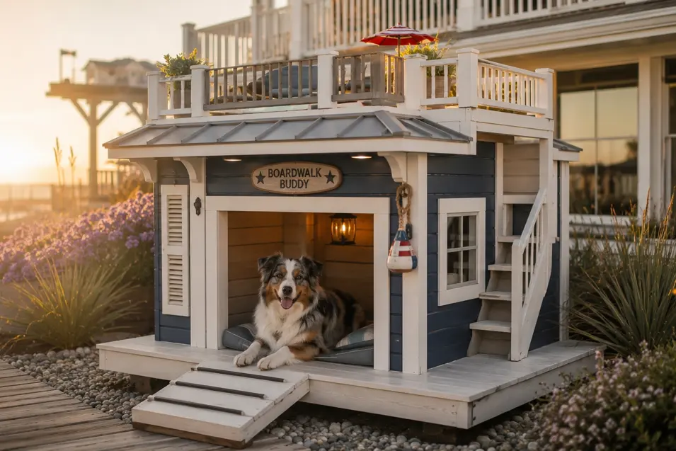 Luxury driftwood coastal dog house with a rooftop deck and boardwalk charm, featuring a happy Australian Shepherd enjoying seaside living.