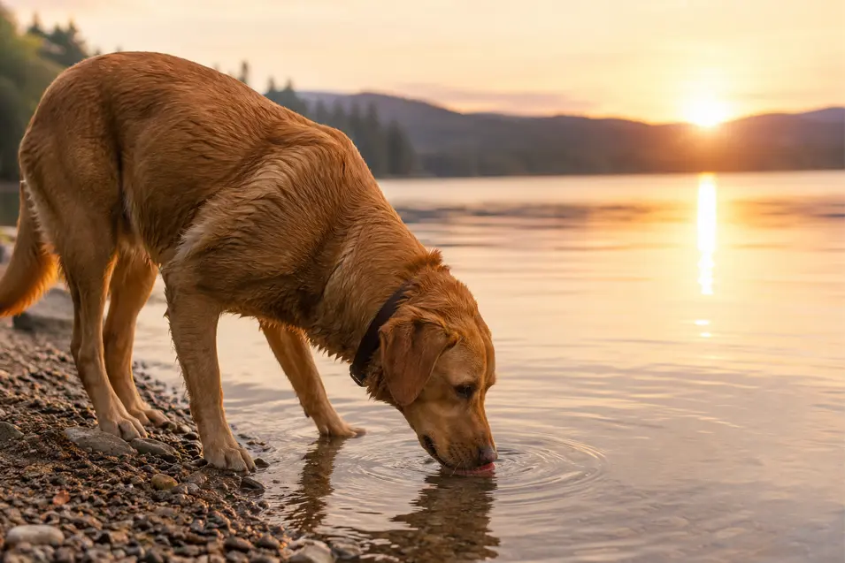 Golden Retriever drinking from a calm mountain lake at sunrise, with golden reflections, gentle ripples, and a peaceful wilderness backdrop.