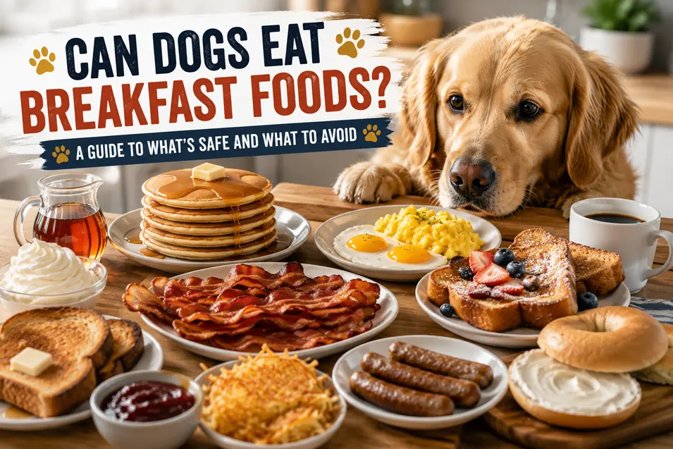 Golden Retriever eyeing a breakfast spread with pancakes, eggs, bacon and toast, illustrating which breakfast foods are safe or unsafe for dogs.