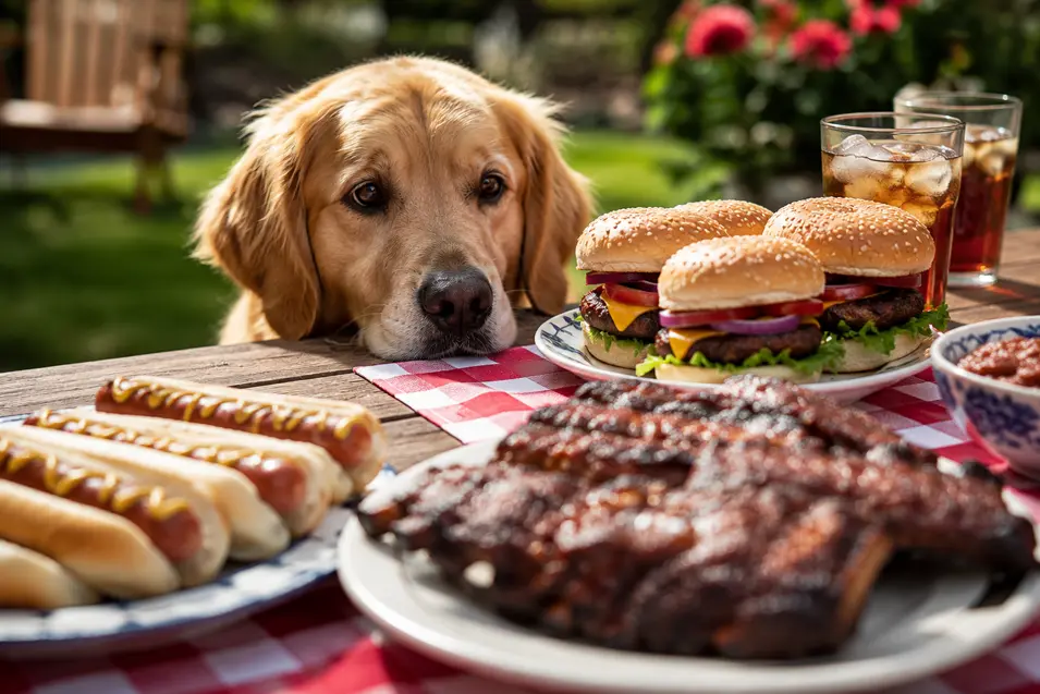 Dog stares longingly at a picnic table loaded with hamburgers, hot dogs, and BBQ ribs during a sunny backyard cookout.