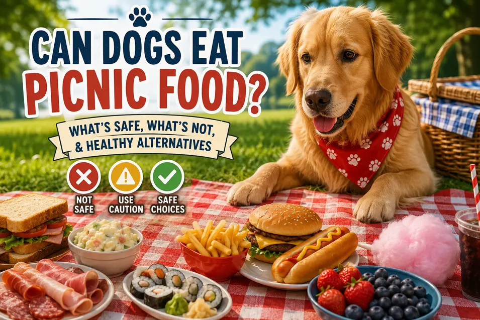 Golden Retriever relaxing at a picnic with sandwiches, burgers, sushi and snacks, alongside a guide to which picnic foods are safe, unsafe or require caution for dogs.