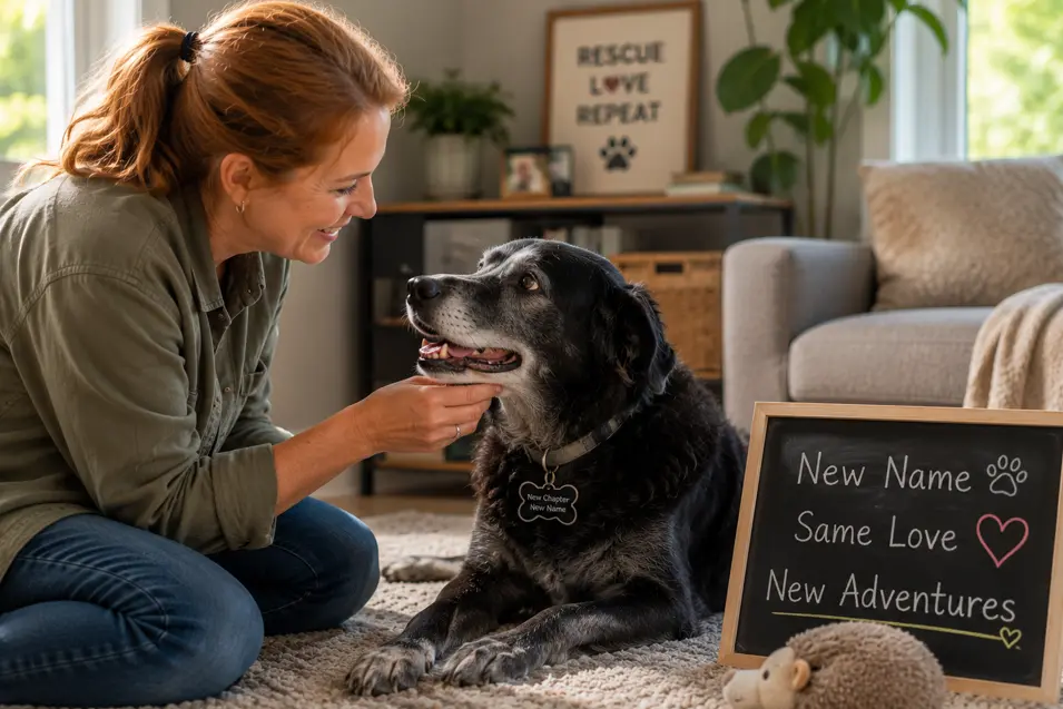 Older rescue dog bonding with its new owner after receiving a new name, showing how love, patience, and trust create the perfect fresh start.