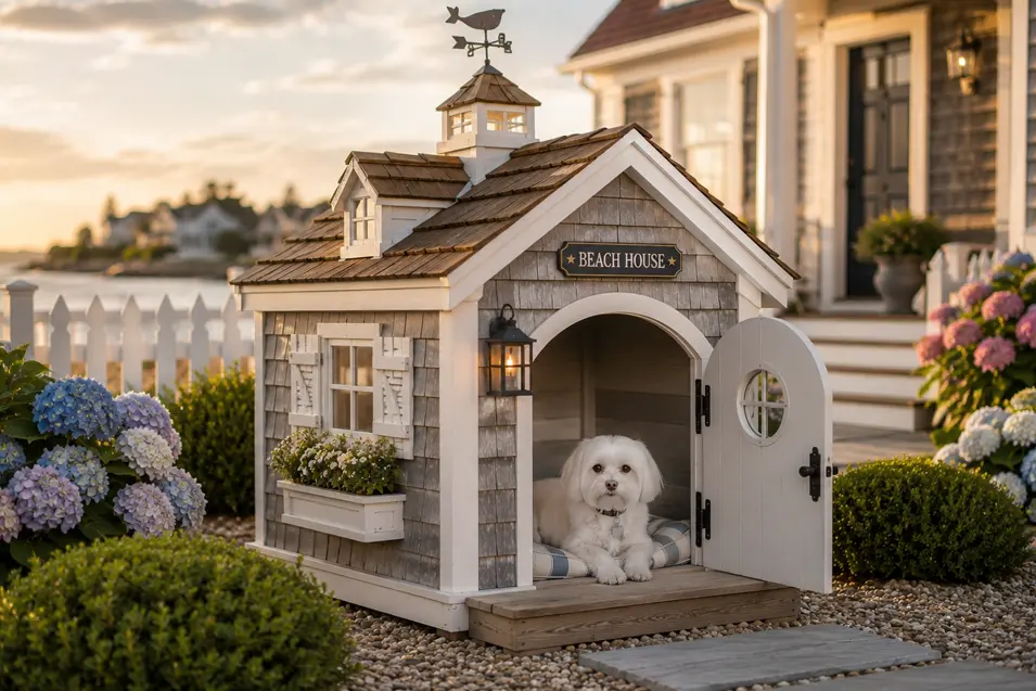 Charming driftwood coastal dog house with cedar shingles and seaside details, featuring an adorable Maltese relaxing by the ocean at sunset.
