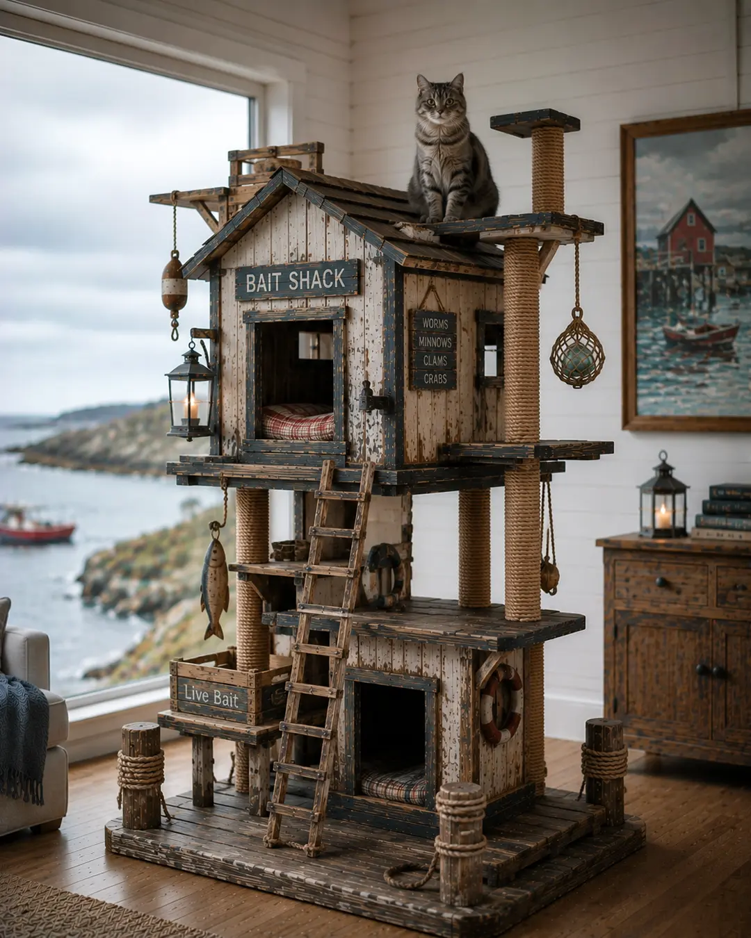 Maritime bait shack-inspired luxury cat tree with cozy hideaways, climbing ladders, scratching posts, and authentic weathered fishing village charm.