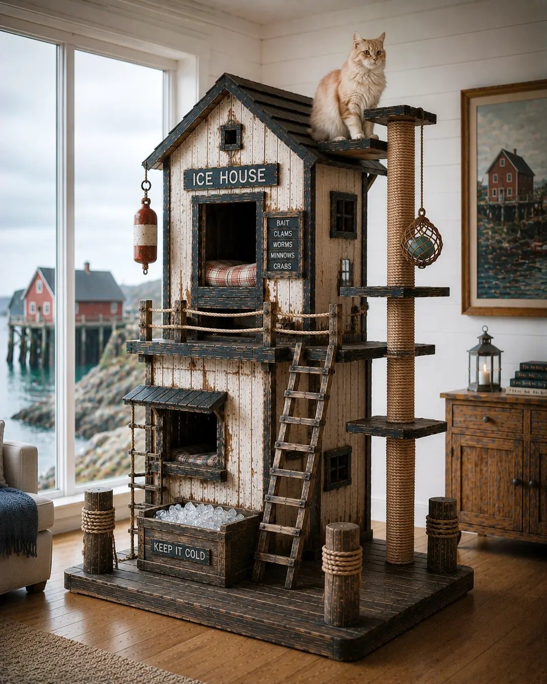 Maritime ice house-inspired luxury cat tree with cozy hideaways, climbing ladders, scratching posts, and handcrafted coastal fishing village charm.