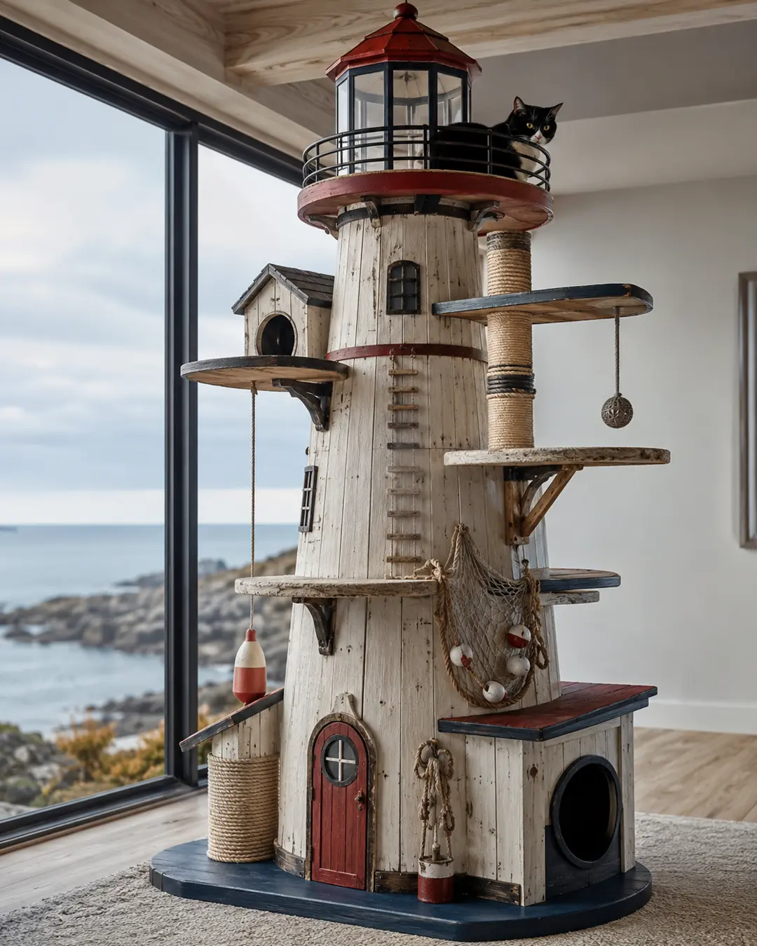 Maritime lighthouse-inspired luxury cat tree with cozy hideaways, climbing platforms, scratching posts, and a lookout tower overlooking the ocean.